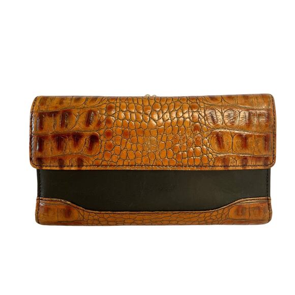 Vintage Brahmin Tuscan Black Leather Pecan Melbourne Checkbook Frame Wallet - Picture 1 of 11